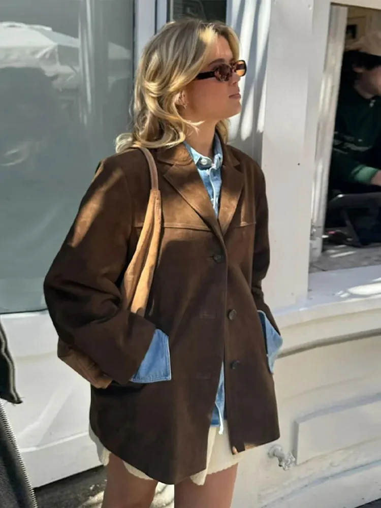 Giacca Blazer Oversize Elegante in Pelle Scamosciata Marrone - Image 4