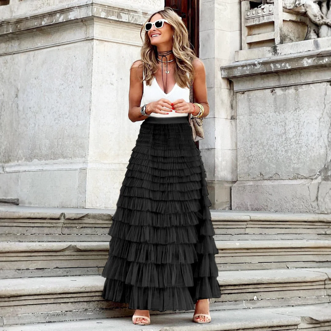 Gonna Lunga da Donna a Strati in Tulle a Vita Alta con Volant | Maxi - Image 13