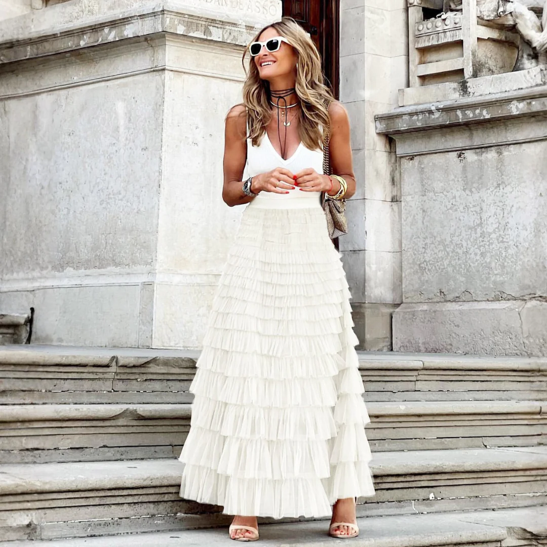 Gonna Lunga da Donna a Strati in Tulle a Vita Alta con Volant | Maxi - Image 6