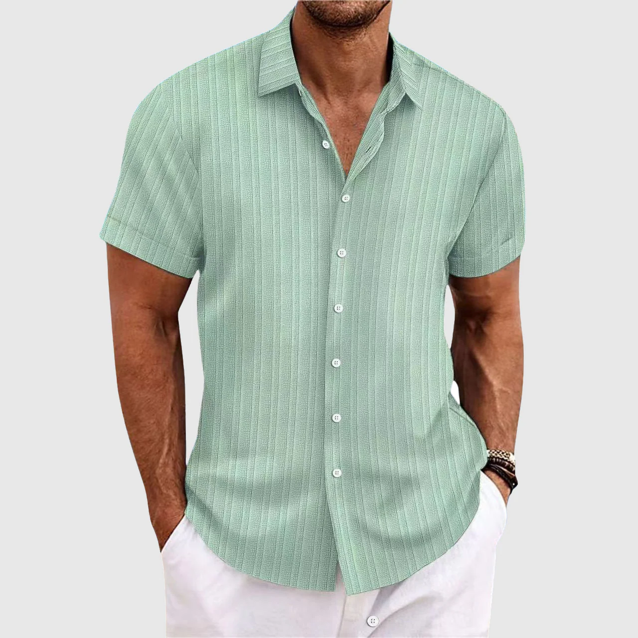 Camicia da uomo a righe a maniche corte con colletto classico - Image 3
