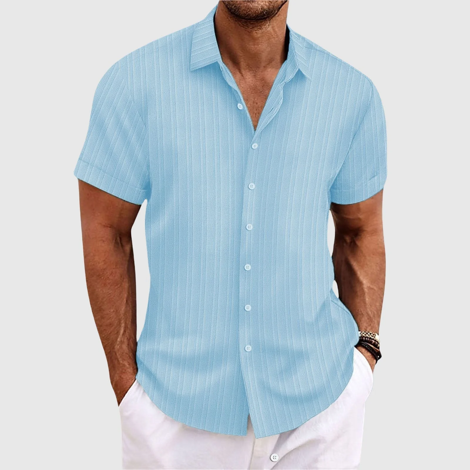 Camicia da uomo a righe a maniche corte con colletto classico - Image 4