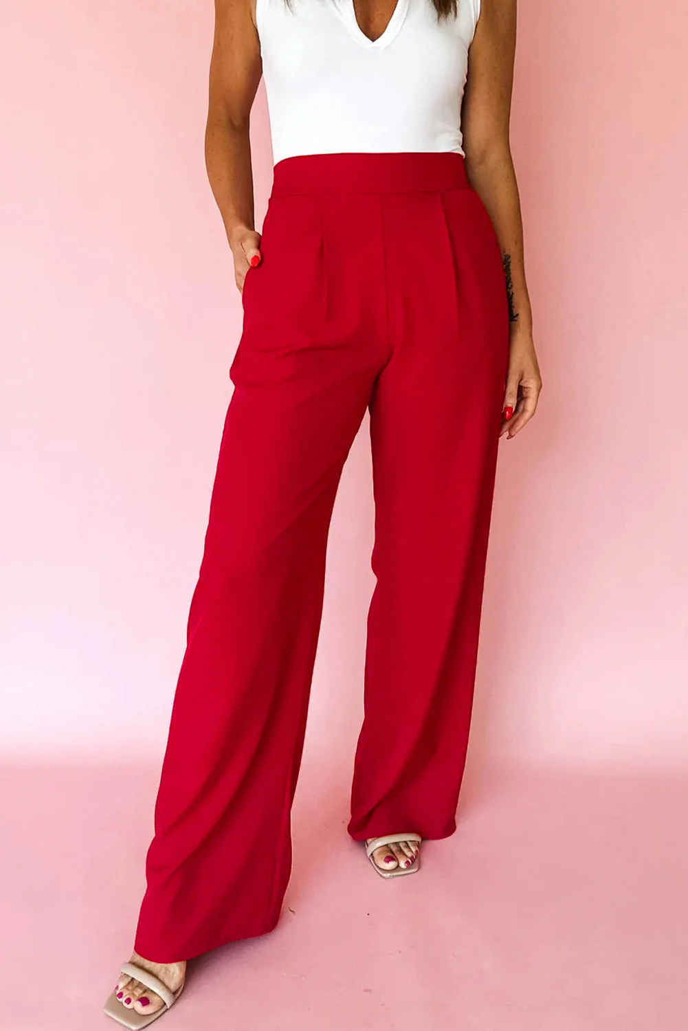 Pantaloni a Gamba Dritta con Dettagli Pieghettati e Vita Alta Elastica - Image 4