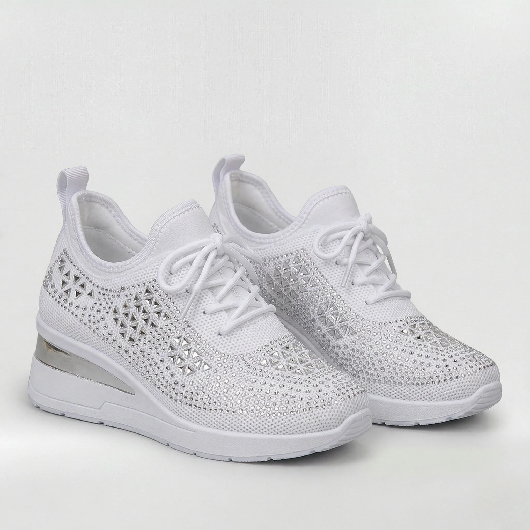 Scarpe Sneakers Donna Platform con Zeppa Interna e Strass Decorativi Casual