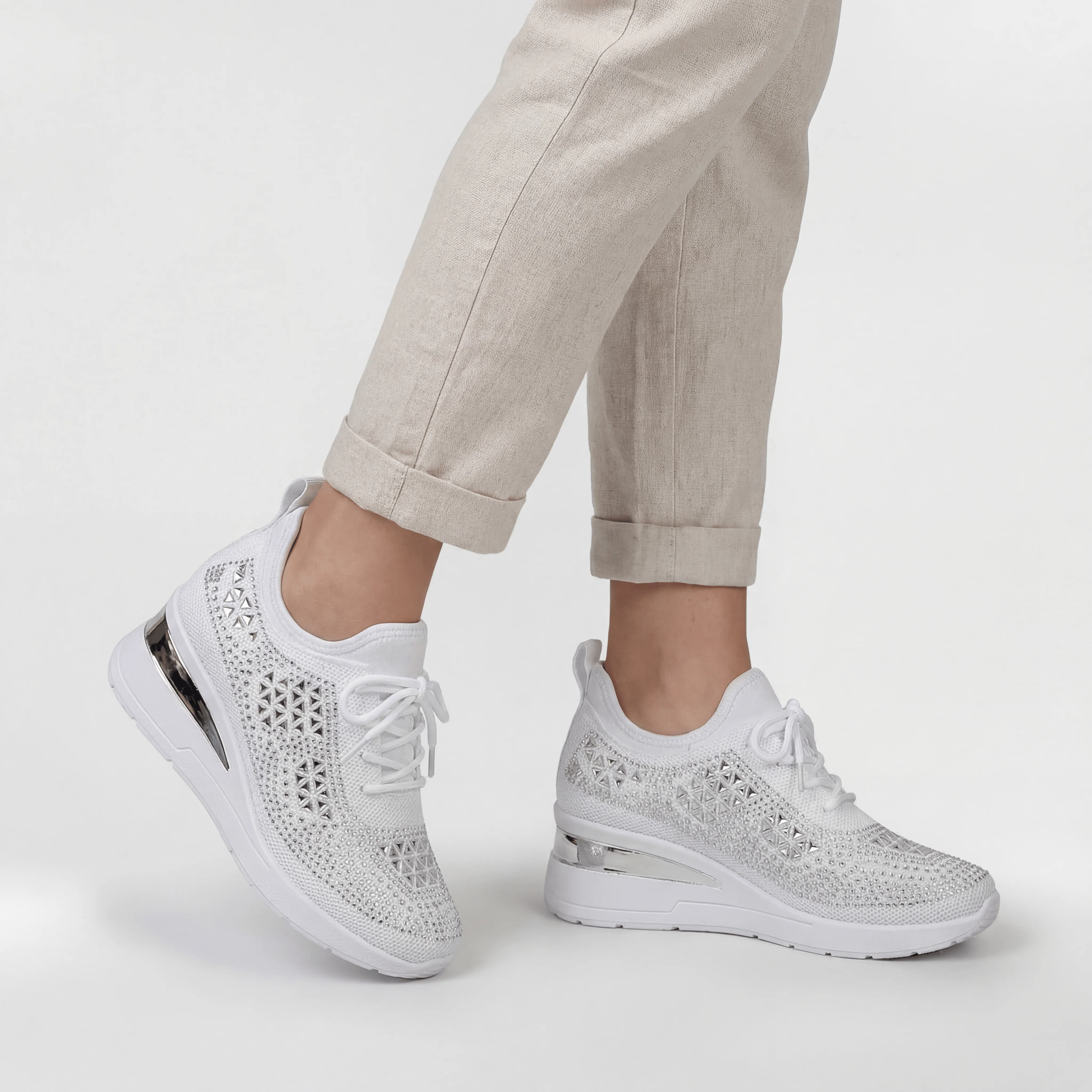 Scarpe Sneakers Donna Platform con Zeppa Interna e Strass Decorativi Casual - Image 9