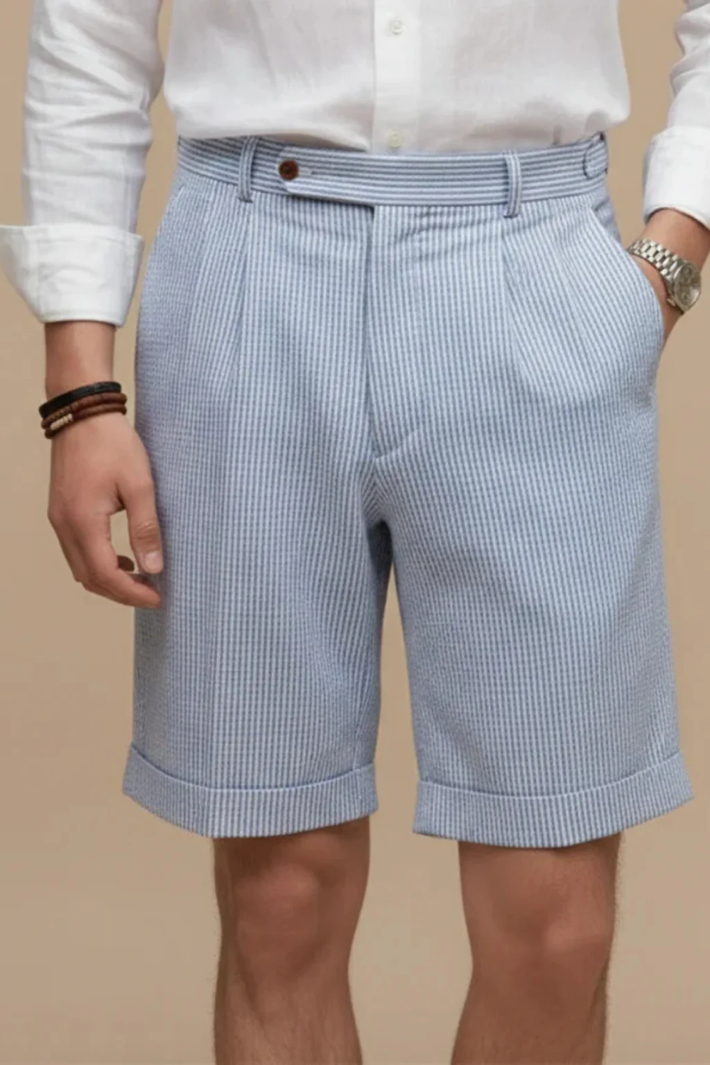 Scott | Pantaloncini Chino da Uomo a Vita Alta con Righe Seersucker e Risvolto - Image 3