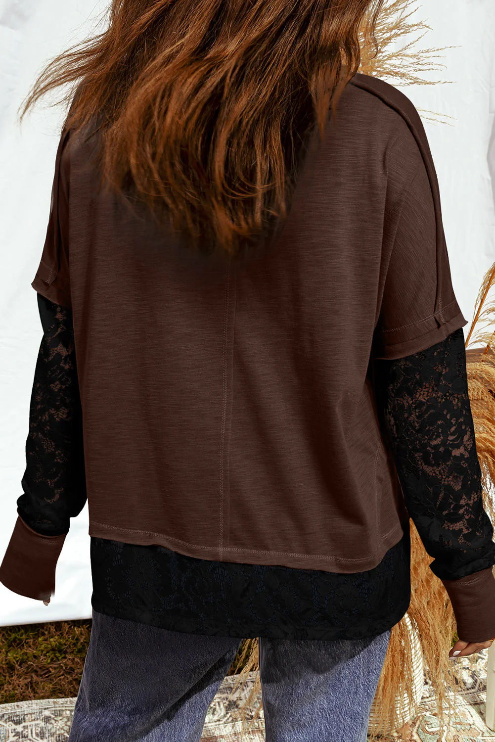 T-shirt casual a maniche lunghe con inserti in pizzo trasparente - Image 5