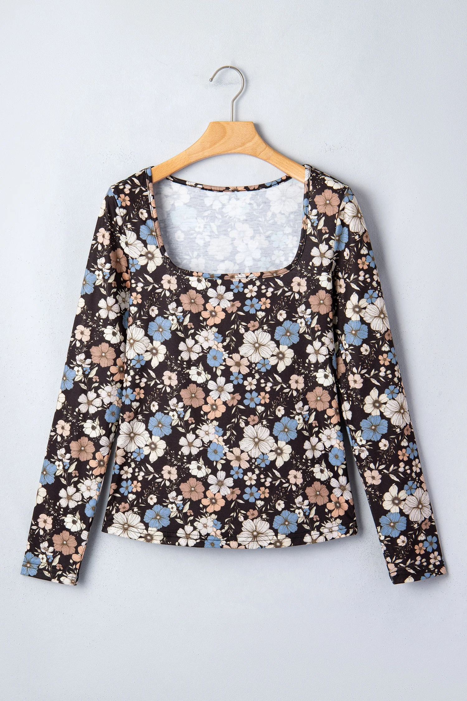 T-shirt Slim a Maniche Lunghe con Stampa Floreale Nera - Image 4