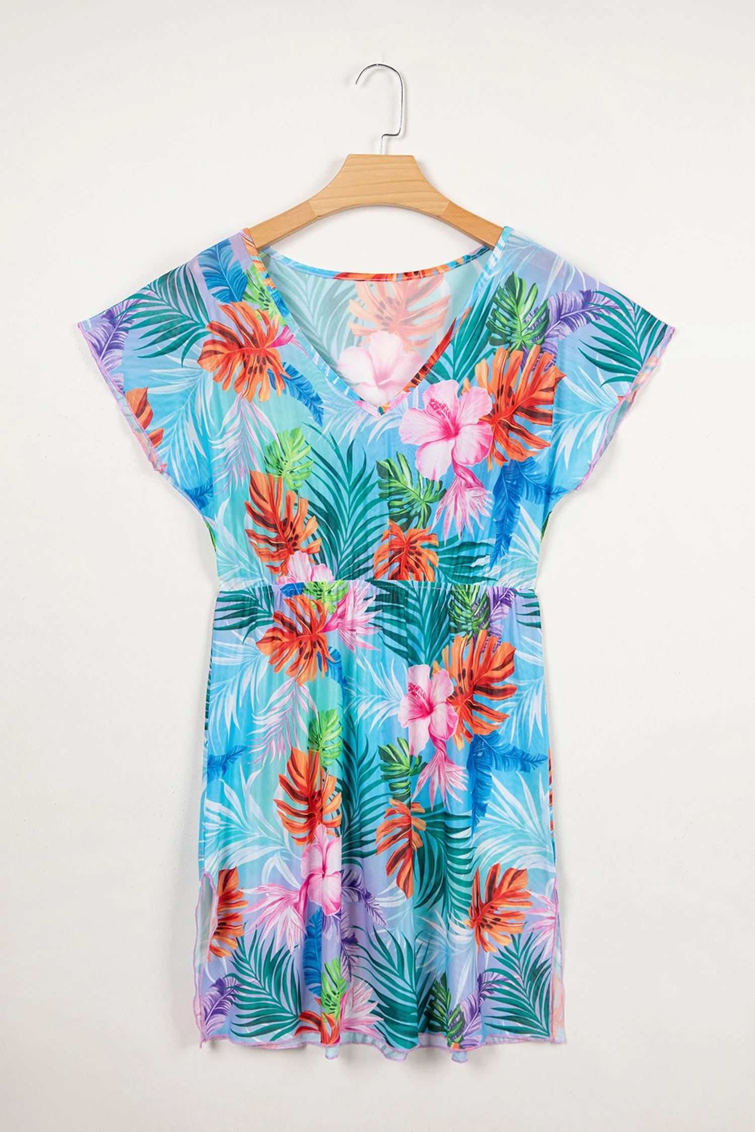 Vestito Copricostume da Spiaggia Semitrasparente con Scollo a V e Stampa Tropicale Celeste - Image 4