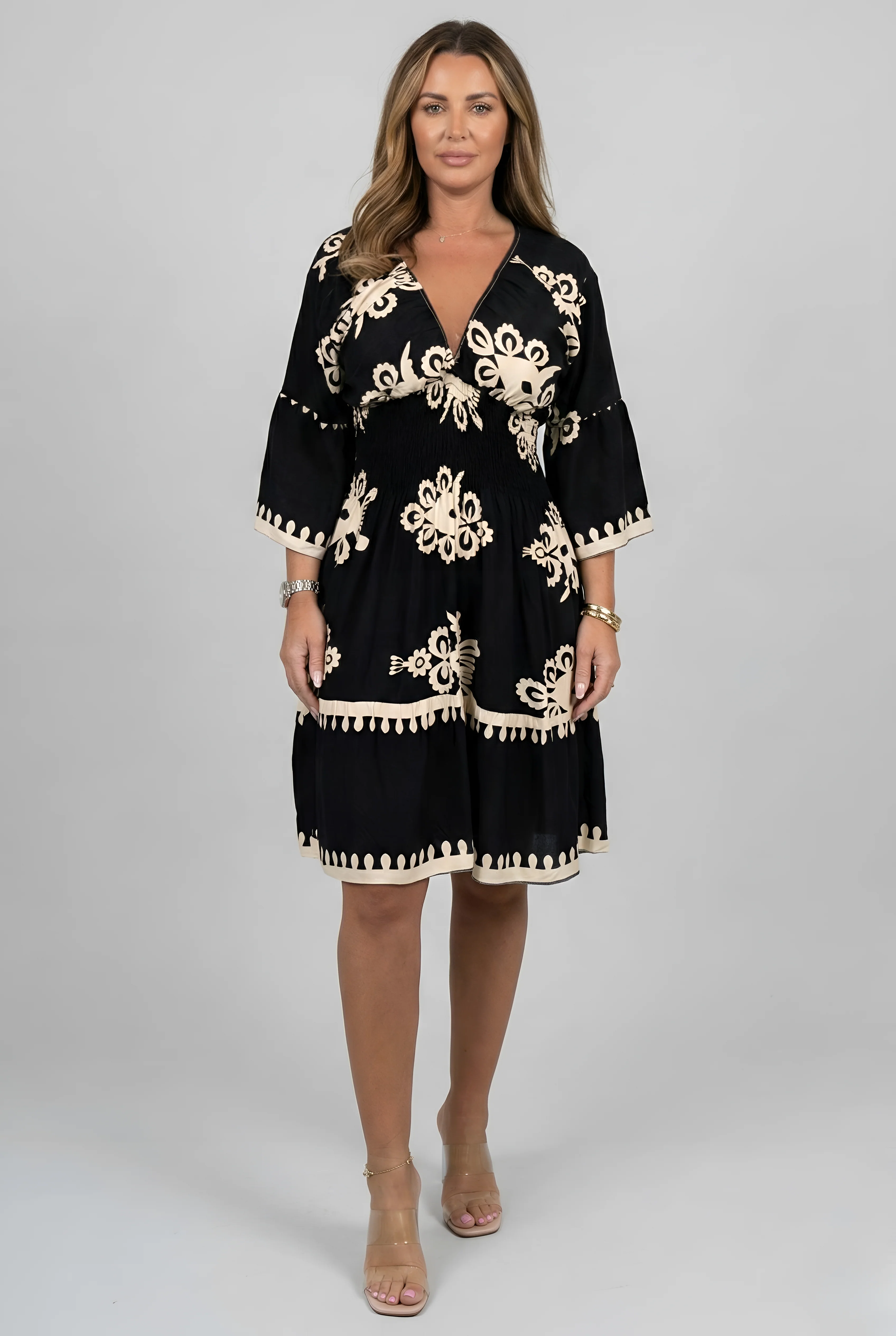 Vestito corto donna con scollo a V e maniche ampie stampa floreale elegante
