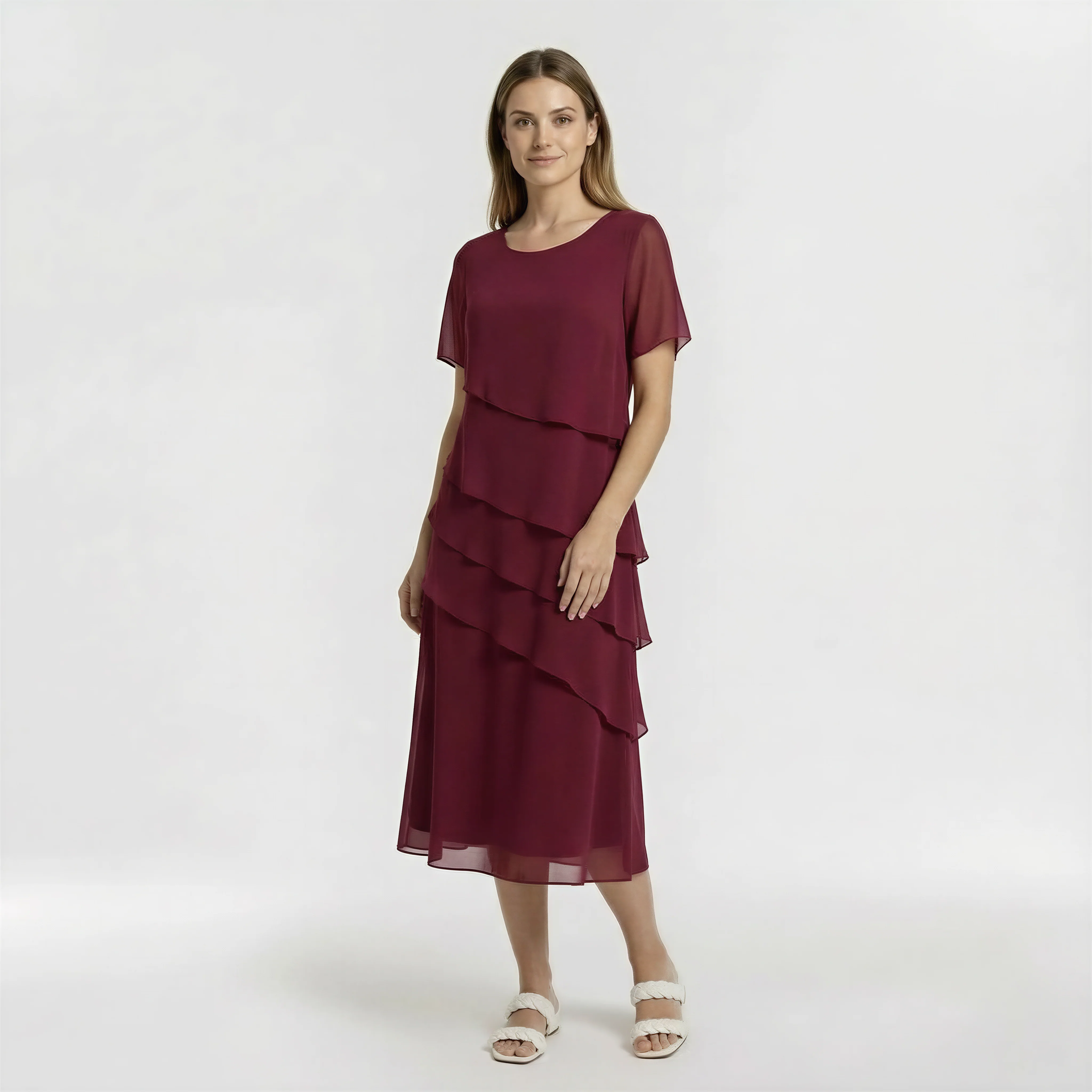 Vestito Donna Elegante Midi Maniche Corte Abito da Cerimonia con Drappeggio
