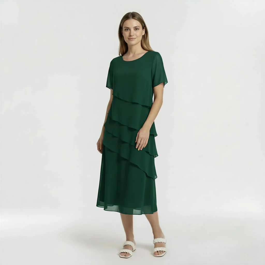 Vestito Donna Elegante Midi Maniche Corte Abito da Cerimonia con Drappeggio - Image 5