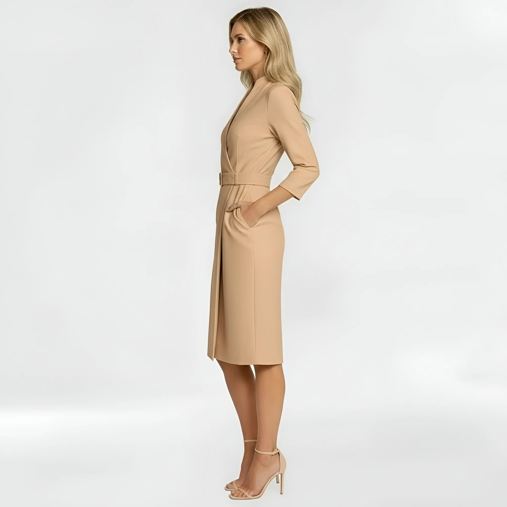 Vestito midi donna elegante con cintura e maniche lunghe, abito aderente formale - Image 2